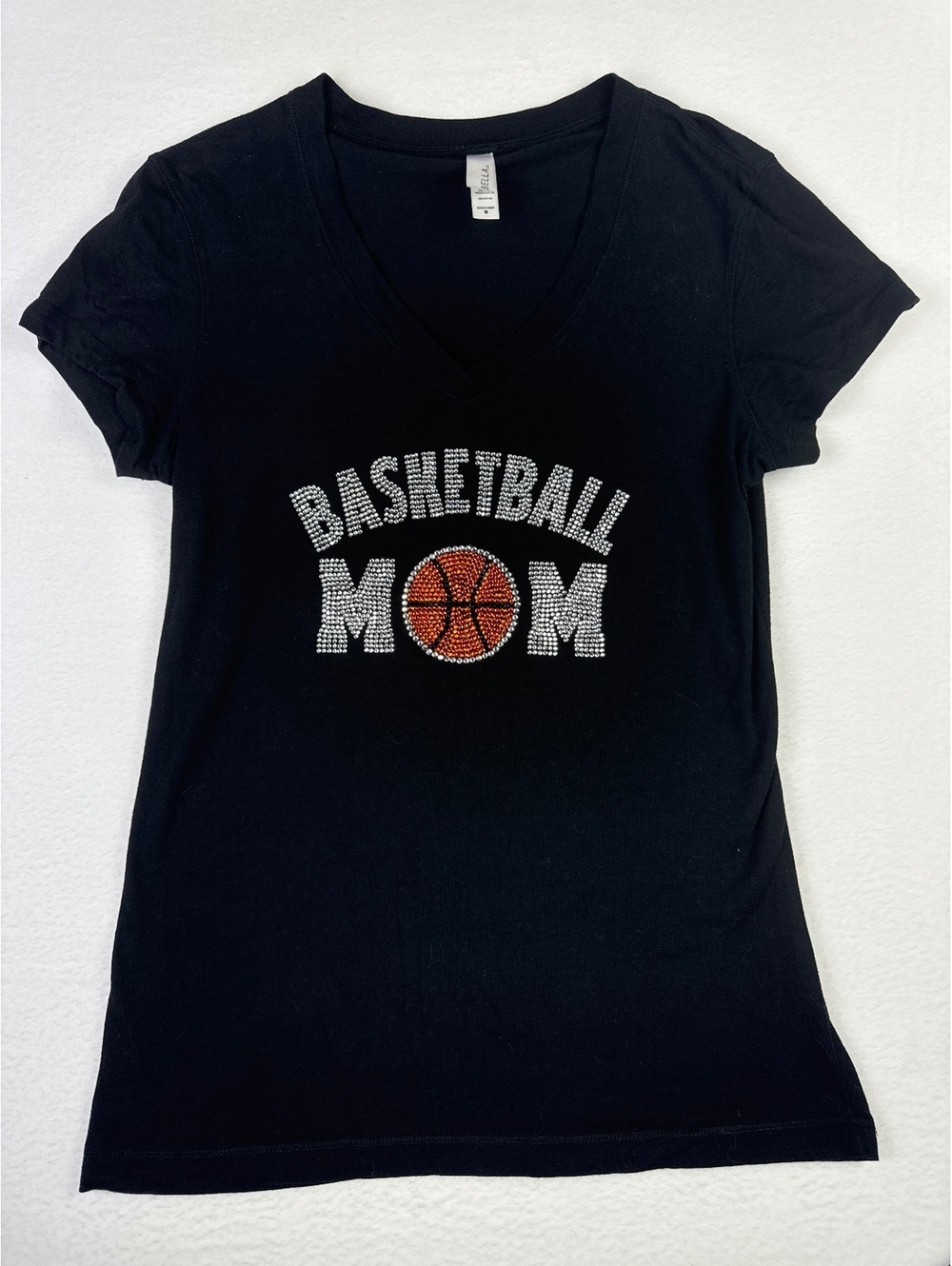 ‘Basketball Mom' Rhinestone V-Neck T-Shirt Medium